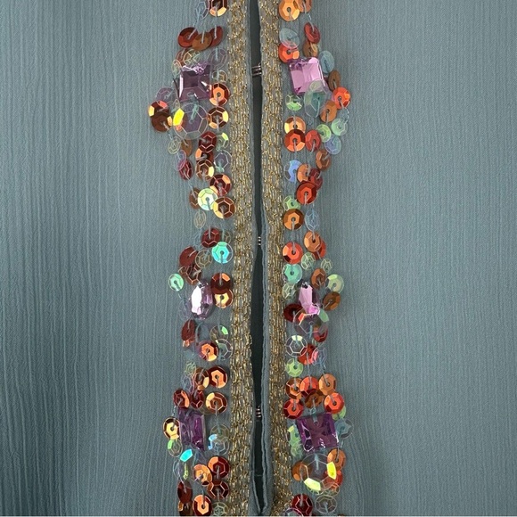 Mix it Petite Women's Top Size Large Green Sheer Embroidered Sequin Maximalist - Picture 5 of 10